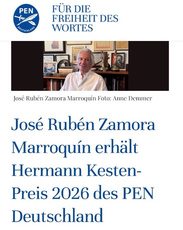 jczamora's tweet photo. #ZamoraLibre: El periodista guatemalteco #JoseRubénZamora recibió el Premio Hermann Kesten 2026 de PEN Alemania, en reconocimiento a su valentía y compromiso con la libertad de prensa, pese a años de intimidación, persecución y encarcelamiento. https://t.co/SHdDGij3De (via @PEN_Deutschland)
Un importante reconocimiento a un periodista que ha pagado un alto precio personal por ejercer el periodismo independiente en Guatemala.