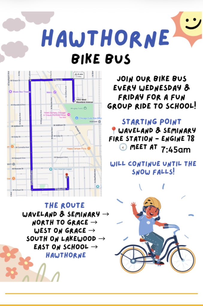 HawthorneAcad's tweet photo. Our Bike Bus starts tomorrow! Mr. Trumbull looks forward to seeing you at Waveland and Seminary at 7:45am 🚲 https://t.co/2gzJ7iYDtb