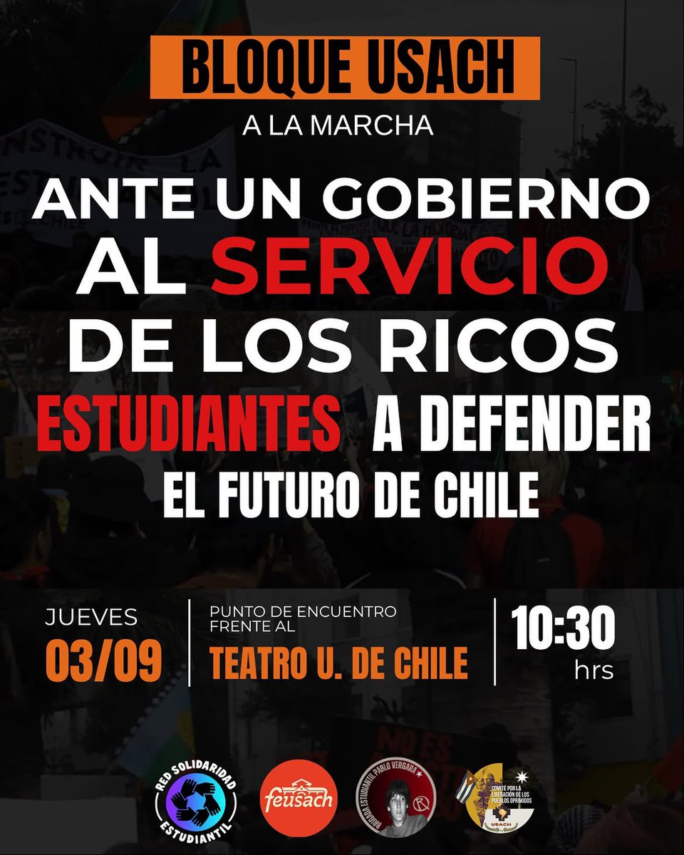 ElHiloCL's tweet photo. 🔴 SE SUMAN LOS PESOS PESADOS PARA LA MARCHA ANTI KAST/ANTI FORO DE MADRID DEL 3 DE SEPTIEMBRE:

🔷 La Fech, la Feusach, la Feudp, Acción Palestina en Chile, Aces, Red de Solidaridad Estudiantil, CONFECH, Coordinadora 8M, el CEP, Cordón Secundario, el Movimiento Socialista de Trabajadores, la Central Clasista de Trabajadores, Organizaciones Antifascistas, etc

¿Y tú, te sumas...o vas a dejar pista libre a Kast y el Foro de Madrid?

♦️ Jueves 3 de Septiembre, 10:30 en Plaza Baquedano/Dignidad

#RenunciaKast 
#NoAlForoDeMadrid