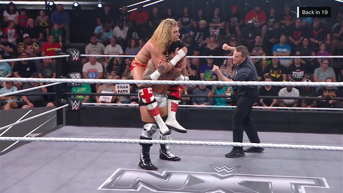 ringsidenews_'s tweet photo. Zilla Fatu defeats Tristian Angels! After the match, Brirthright came out and confronted Zilla and extended an invitation to join them.  They tell him they will treat him like family and informs him the locker room is full of snakes.  Zilla tells them, "hell no" before super kicking Lexis King!  | #WWE #WWENXT