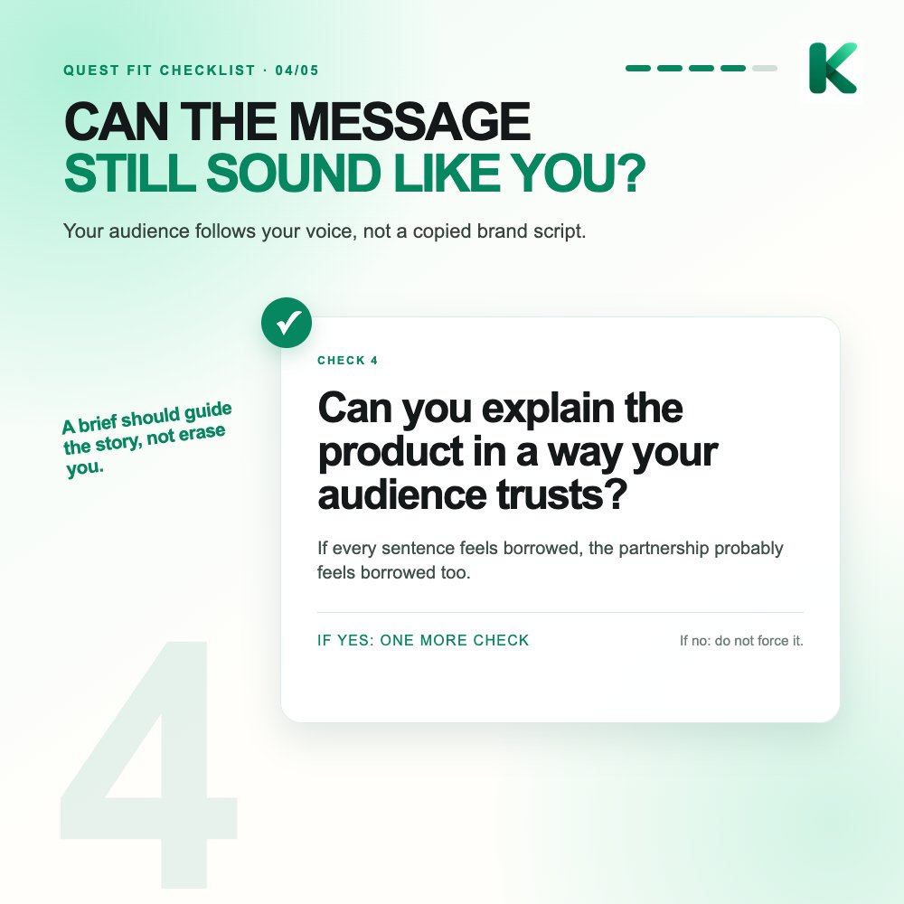 KOLsGuru's tweet photo. Hot take: more paid tasks is not always better.

A quest is worth considering when:

✓ the topic fits your audience
✓ the deliverable fits your channel
✓ the deadline is realistic
✓ you can make the message sound like you
✓ the payout process is clear

If you have to force the story, your audience will feel it.

https://t.co/yZdQfvKueH puts the key quest details in one place before the work begins, so creators can judge the fit with less group-chat archaeology.

Save this for the next “quick collab?” DM.

Explore https://t.co/yZdQfvKueH → https://t.co/3Pyk2vFFty

#CreatorTips #BrandCollabs #KOL