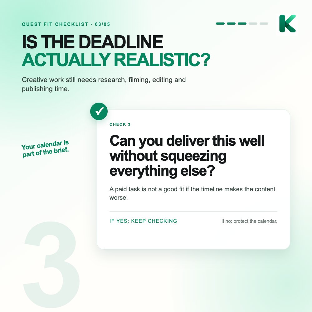 KOLsGuru's tweet photo. Hot take: more paid tasks is not always better.

A quest is worth considering when:

✓ the topic fits your audience
✓ the deliverable fits your channel
✓ the deadline is realistic
✓ you can make the message sound like you
✓ the payout process is clear

If you have to force the story, your audience will feel it.

https://t.co/yZdQfvKueH puts the key quest details in one place before the work begins, so creators can judge the fit with less group-chat archaeology.

Save this for the next “quick collab?” DM.

Explore https://t.co/yZdQfvKueH → https://t.co/3Pyk2vFFty

#CreatorTips #BrandCollabs #KOL