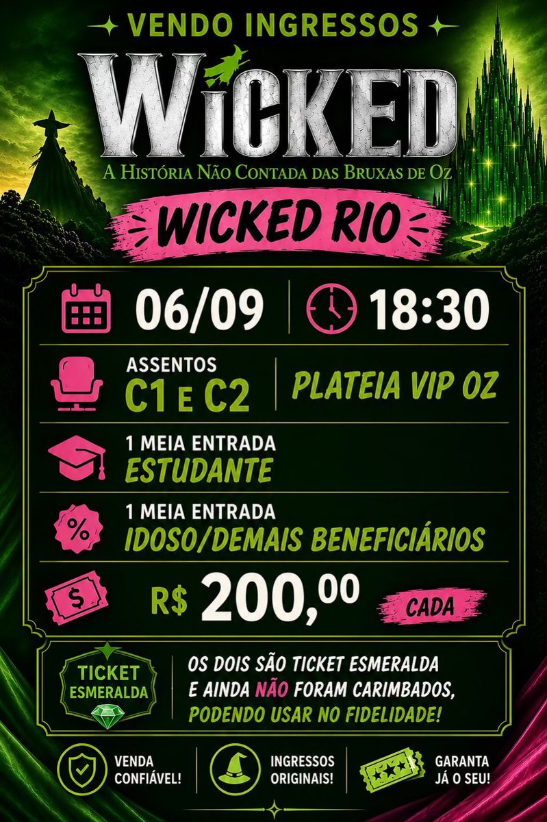 taioliveira09's tweet photo. 🎭 VENDO 2 INGRESSOS WICKED RIO

📅 06/09 • 18h30
🪑 C1 e C2 • Plateia VIP OZ
🎟️ Ticket Esmeralda
1 meia estudante + 1 meia beneficiário

💰 R$200 cada direto comigo
🔒 R$244,20 cada via BuyTicket

Transferência por e-mail. Chama! 🩷💚

#WickedRio #wickedbrasil #cidadedasartes https://t.co/ad3NQfYndT