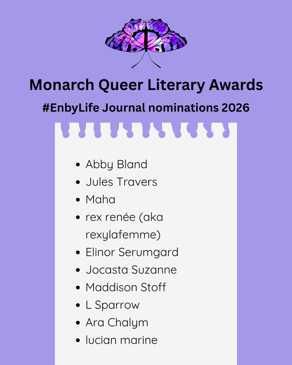 enbylife's tweet photo. We’ve made our nominations for the Monarch Queer Literary Awards! Shout out to our amazing creatives and wishing you all the best.
 
(And we’ll be announcing our nominations for the Genrepunk Awards very soon!) https://t.co/yAYkkF70nX