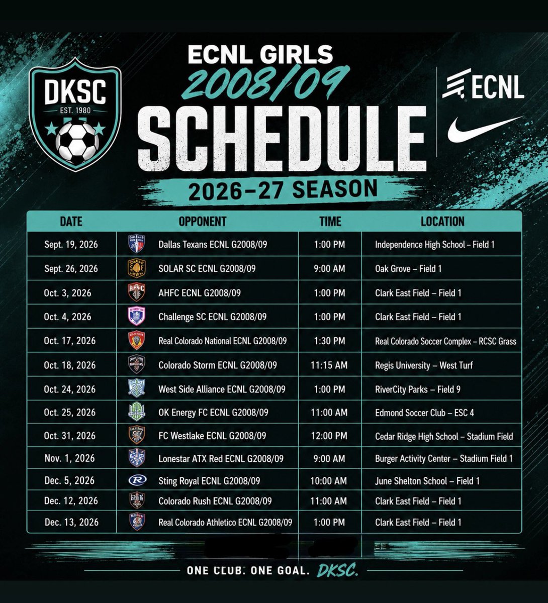 DKSC09gECNL's tweet photo. Mark you calendars!
Here is our schedule so far! 📆⚽️
@DKSC_official @ecnlgirls @prepsoccertx
@prep_soccer @soccerwire @topdrawersoccer https://t.co/gc0TZBZp3T