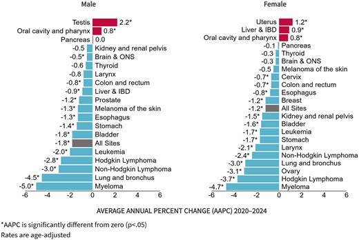 Chart of US cancer death rate changes, 2020\u201324: most sites declined; male testis and female uterus increased.
