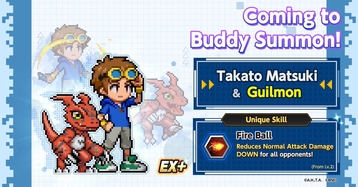 Digimon_up_en's tweet photo. [Buddy Summon: Takato Matsuki &amp; Guilmon!]
This new Buddy boosts your Normal Attack while inflicting Normal Attack Damage DOWN. 
Recruit Takato Matsuki &amp; Guilmon (EX+) and fight stragetically! 🤝

■Event Period
09/2/2026 15:00 - 09/16/2026 14:59 (UTC+9)

#DigimonUP #Digimon https://t.co/MNtPBkjcRr