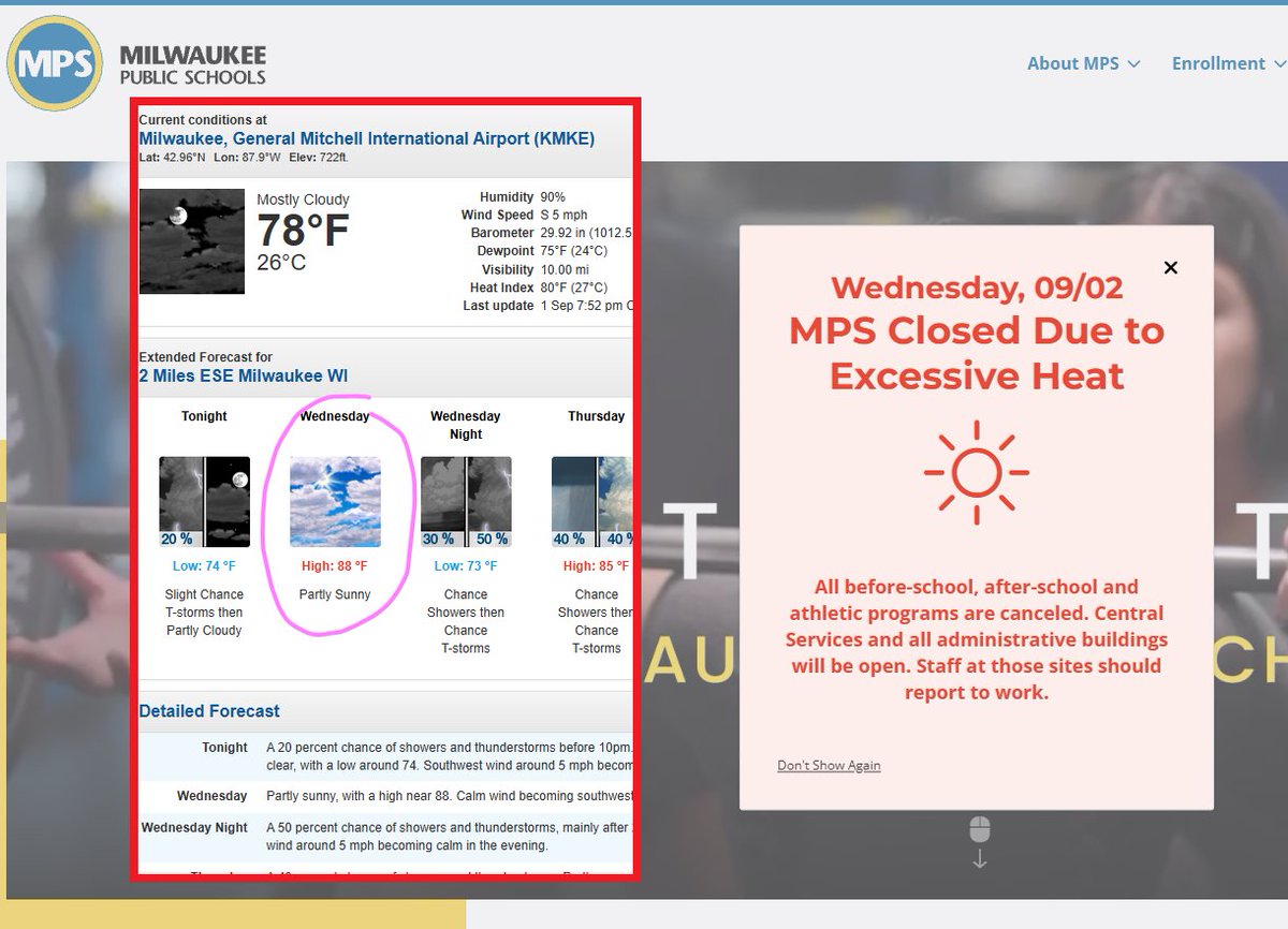 jamesaydelott's tweet photo. Milwaukee, Wisconsin schools closed tomorrow for
"Excessive Heat"

And they seriously laugh at us for closing schools for 1/2" of snow.

Our sincere hopes they'll be able to bear up, find the strength, and make it through the upper 80s on Wednesday. https://t.co/4C3zoJBpbF