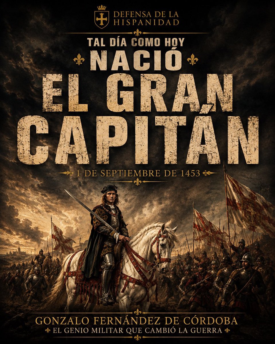 defensahisp's tweet photo. 🇪🇸 TAL DÍA COMO HOY, 1 DE SEPTIEMBRE DE 1453, NACÍA EL GRAN CAPITÁN.

En Montilla, Córdoba, vino al mundo Gonzalo Fernández de Córdoba, uno de los grandes genios militares de la historia de España y una figura destinada a transformar la forma de hacer la guerra en Europa.

⚔️ Al servicio de los Reyes Católicos, comenzó a forjar su prestigio durante la Guerra de Granada. Pero sería en las campañas de Italia donde su nombre alcanzaría dimensiones legendarias.

Sus extraordinarias victorias de Ceriñola y Garellano, en 1503, demostraron la eficacia de una nueva concepción del campo de batalla: una infantería disciplinada, flexible y capaz de combinar armas de fuego, picas y otras fuerzas de manera coordinada.

Aquellas innovaciones contribuyeron decisivamente a la evolución del ejército español que, durante el siglo XVI, se convertiría en una de las fuerzas militares más temidas y respetadas de Europa.

Su talento, liderazgo y capacidad para adaptarse al enemigo hicieron que la historia lo recordara para siempre con un sobrenombre reservado a muy pocos:

EL GRAN CAPITÁN.

Hoy, 573 años después de su nacimiento, recordamos a Gonzalo Fernández de Córdoba y a uno de los hombres que ayudaron a escribir algunas de las páginas más gloriosas de nuestra historia. 🇪🇸⚔️

Honor y gloria al Gran Capitán.

#GranCapitán #HistoriaDeEspaña #GonzaloFernándezDeCórdoba #Hispanidad #España