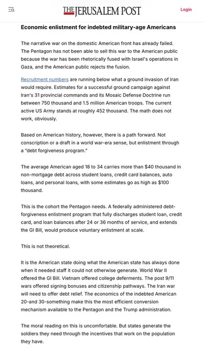 AFpost's tweet photo. The Jerusalem Post proposes debt forgiveness for soldiers enlisting to fight in the historically unpopular war against Iran.

Follow: @AFpost https://t.co/HiHcRwadgT