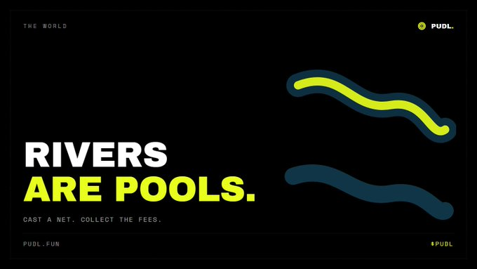 PudlFun's tweet photo. PUDL is the market from above.

Every river is a live memecoin pool. Wider = more volume.
Homes on the banks are players.
Cast a net = you provide liquidity.

Every trade that flows past pays you a real fee. https://t.co/2C083jQn51 https://t.co/hc6GRGYzpJ
