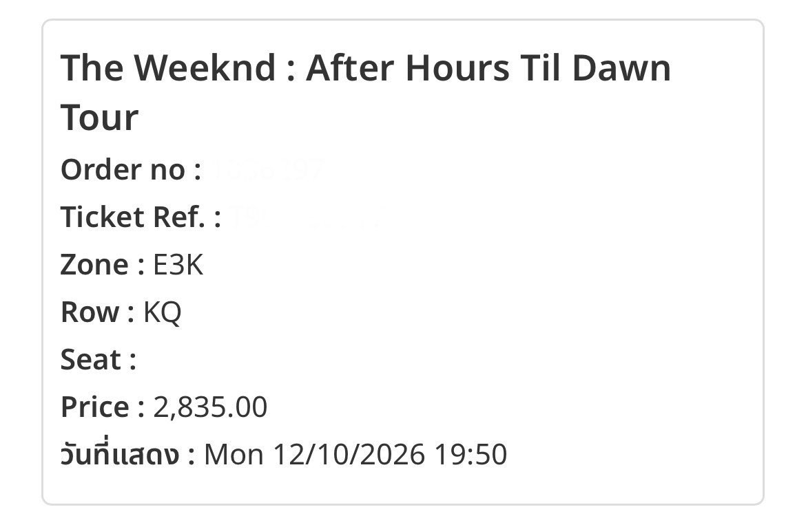 jjsh_with's tweet photo. ปล่อยต่อบัตร 🐠🪷
The weeknd 1 ใบ
รอบ 12ตุลา
โซน:E3K แถวKQ
ราคา 2700฿

นัดรับฟิวเจอร์พาร์ครังสิต/ส่งไปรได้ค่า
#AfterHoursTilDawnTourBKK
#TheWeekndLiveInBangkok
#theweekend https://t.co/OblGrSpRAa