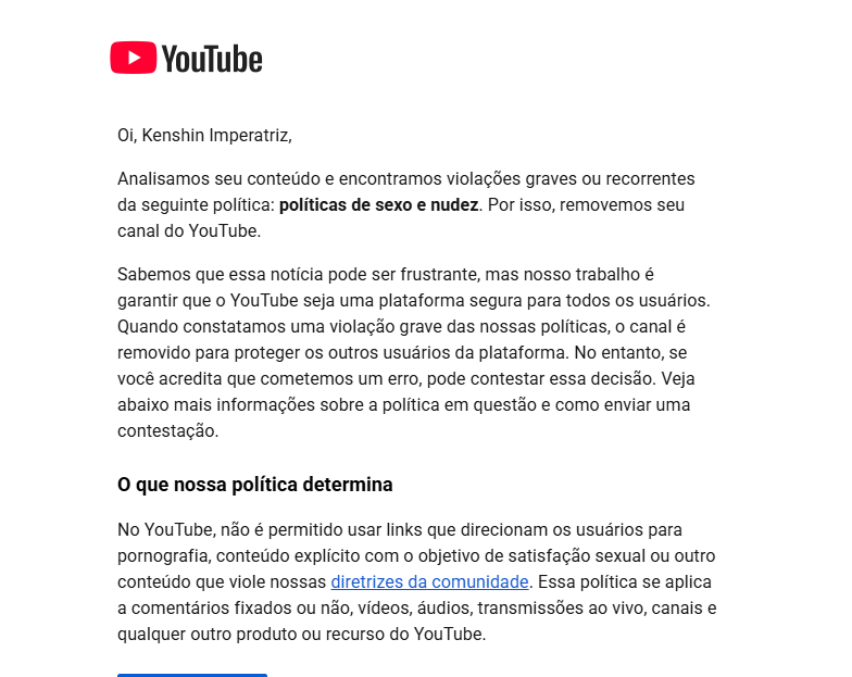 KenshinEmpress's tweet photo. @YouTube  @YouTubeCreators  @YouTubeBrasil 
ENTÃO VCS DELETARAM MEU CANAL SEM AVISO PRÉVIO, SIMPLESMENTE DELETARAM ELE DE FORMA ABRUPTA!!! NO SEU VIDEO SOBRE DIRETRIZES FALA QUE MANDAM UM AVISO ( STRIKE) NO CANAL E COMIGO NÃO FOI MANDADO NADA APENAS UM PONTO FINAL. https://t.co/bB8PRCFAZW
