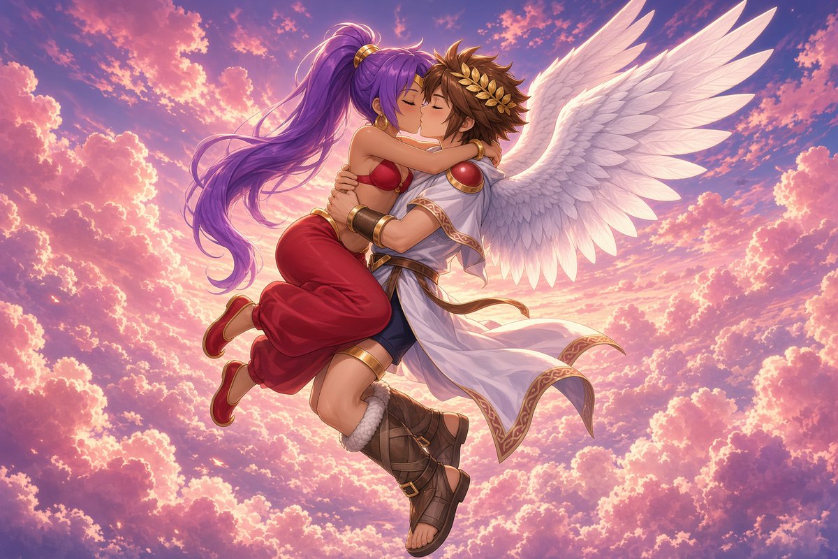 DisneyZerox's tweet photo. Shantae and Pit kissing in the sky. I always wanted to ship Shantae with a male character that suits her personality and mythical type, and I feel like Pit from Kid Icarus is a good fit for her. #Shantae #Pit #KidIcarus #SmashBros #SuperSmashBros #crossover #crossovership https://t.co/tSKgNaIQSX