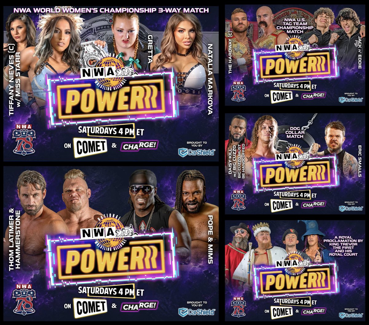 nwa's tweet photo. 𝙎𝘼𝙏𝙐𝙍𝘿𝘼𝙔 𝙊𝙉 𝙋𝙊𝙒𝙀𝙍𝙍𝙍
This Saturday at 4PM ET, the National Wrestling Alliance’s 78th anniversary continues on an all-new 𝙉𝙒𝘼 𝙋𝙊𝙒𝙀𝙍𝙍𝙍 on Comet and CHARGE! It’s NWA 78 from Philadelphia’s historic @2300Arena!
⚡️𝙏𝙧𝙞𝙥𝙡𝙚 𝙏𝙝𝙧𝙚𝙖𝙩 𝙈𝙖𝙞𝙣 𝙀𝙫𝙚𝙣𝙩⚡️
Nieves vs. Markova vs. Gretta! NWA World Women’s Champion “La Princesa” @TiffanyNieves_ defends…with The @GrettaWrestler also in the match! Will TVMA unite to stop former champion “The Crush” @RealNMarkova, or will the hierarchy of the most dominant force in the NWA Women’s Division crumble? The odds have been stacked against Natalia in her quest to reclaim The Burke, but that’s just the way she likes it!
⚡️ 𝙐𝙎 𝙏𝙖𝙜 𝙏𝙞𝙩𝙡𝙚 𝙈𝙖𝙩𝙘𝙝 ⚡️
NWA United States Tag Champions The Hardway Dalton McKenzie & @vetjackvaughn defend against the youthful fire of @Jack_Valor_PW N’ @EddieGraysonpw!
⚡️ 𝘿𝙤𝙜 𝘾𝙤𝙡𝙡𝙖𝙧 𝙈𝙖𝙩𝙘𝙝⚡️
There’s nowhere to run and nowhere to hide: the Eric Smalls vs. @DaisyKillNWA feud reached its boiling point, and now both men literally can’t escape their differences as they will be chained together!
⚡️ It’s a MASSIVE tag team showdown as former NWA Worlds Heavyweight Champion @Thomas_Latimer_ joins the human force of nature @alexhammerstone to battle The Illuminated duo of @DaBlackPope & @really_mims!
⚡️𝘼𝙡𝙡 𝙃𝙖𝙞𝙡 𝙏𝙝𝙚 𝙆𝙞𝙣𝙜⚡️
Hear ye! Hear ye! King @TheRealTMurdoch The First and his Royal Court shall proclaim what is next for their royal celebration of the 78th anniversary of the NWA!
𝙉𝙒𝘼 𝙋𝙊𝙒𝙀𝙍𝙍𝙍 is on FREE TV with even MORE ways to watch!
Watch new episodes on @WatchComet AND @WatchCHARGE!
Every Saturday at 4PM & Midnight ET (3PM & 11PM CT).
Catch up on @Tubi.