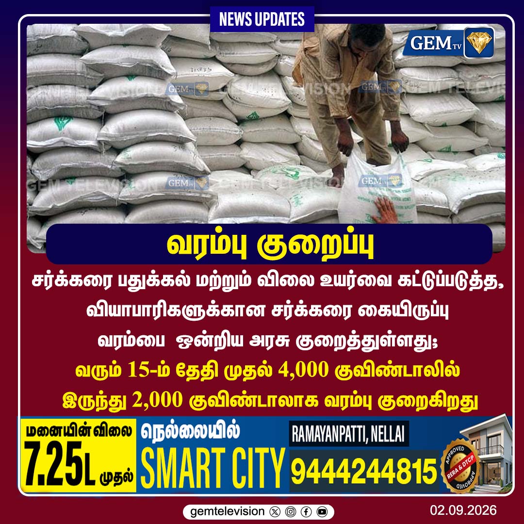 GemTv7's tweet photo. வரம்பு குறைப்பு
#SugarStock #SugarPrice #SugarPriceHike #SugarStorage #StockLimit #SugarNews #IndiaNews #CentralGovernment #PriceControl #SugarMarket #TamilNews #BreakingNews #LatestNews #TamilNaduNews #GEMTV https://t.co/NFLx68pag7