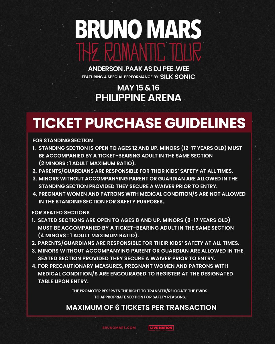 livenationph's tweet photo. Bruno Mars is bringing The Romantic Tour to Manila on May 15 & 16, 2027! 🌹

Seat map and ticket prices are here! 👀 Check out the details and start planning where you want to be when Bruno takes the stage.

Artist Presale
📅 September 11, 2PM - 11:59PM
Sign up at https://t.co/NYTAzhtGLf

LNPH Presale
📅 September 11, 2PM - 11:59PM
Create an account and log in at https://t.co/TFXFfjwHBP to access the presale.

General Onsale
📅 September 14, 2026, 12PM
🎟️ via https://t.co/BzT8Iq0dHa

#BrunoMarsInManila #TheRomanticTourPH