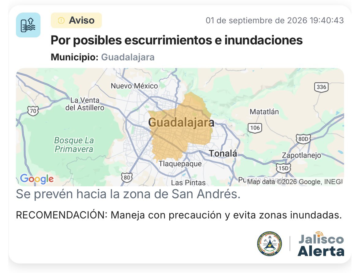 IMEPLAN's tweet photo. #Actualización 🌧️ Posibles escurrimientos e inundaciones en el Área Metropolitana de Guadalajara. Evita sitios inundables con el #MUI2026 👉 https://t.co/O5ucb3b6dN
#jaliscoalerta https://t.co/9so8GibYgG