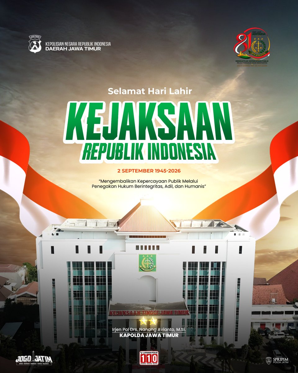 PolisiDampit's tweet photo. Selamat Hari Lahir Kejaksaan RI Ke-81

"Mengembalikan Kepercayaan Publik Melalui Penegakan Hukum Berintegritas, Adil, dan Humanis"

-02 September 2026-

#dampit #malang #indonesia #polresmalang #polsekdampit https://t.co/6ijxVkuElT