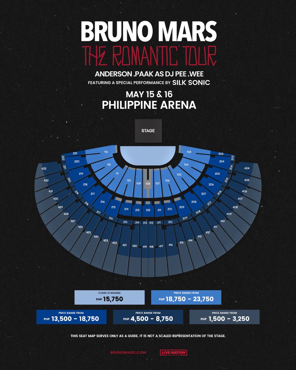 philconcerts's tweet photo. Seat plan and ticket prices for BRUNO MARS The Romantic Tour in Manila on May 15 and 16, 2027, at the Philippine Arena🌹

Artist Presale
📅 September 11, 2PM - 11:59PM
Sign up at https://t.co/CMJghohlvG

LNPH Presale
📅 September 11, 2PM - 11:59PM
Create an account and log in at https://t.co/F1zZdwNmi5 to access the presale.

General Onsale
📅 September 14, 2026, 12PM
🎟️ via https://t.co/GM061bWd0U

#BrunoMarsInManila #TheRomanticTourPH
@livenationph