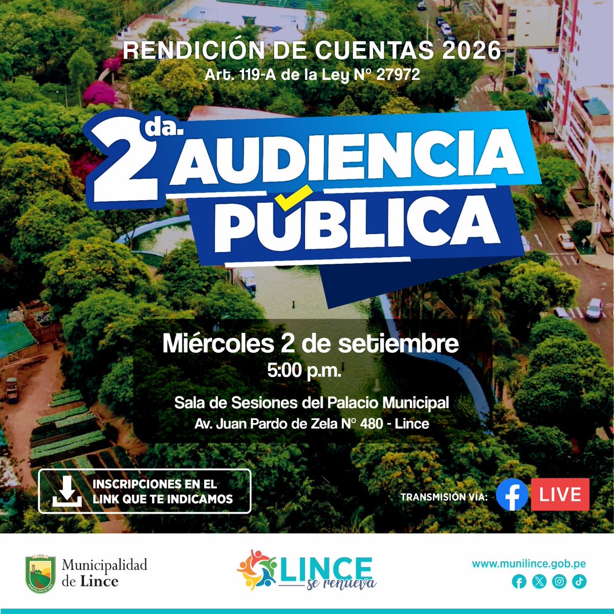 Muni_Lince's tweet photo. 📊 *SEGUNDA AUDIENCIA PÚBLICA DE RENDICIÓN DE CUENTAS 2026*

📣 Vecinas y vecinos de Lince, los invitamos a participar de la Segunda Audiencia Pública de Rendición de Cuentas 2026.

📝 Inscripciones: https://t.co/s5gmBTDmM0 

🤝 ¡Los esperamos! https://t.co/aw2UdU3GAy
