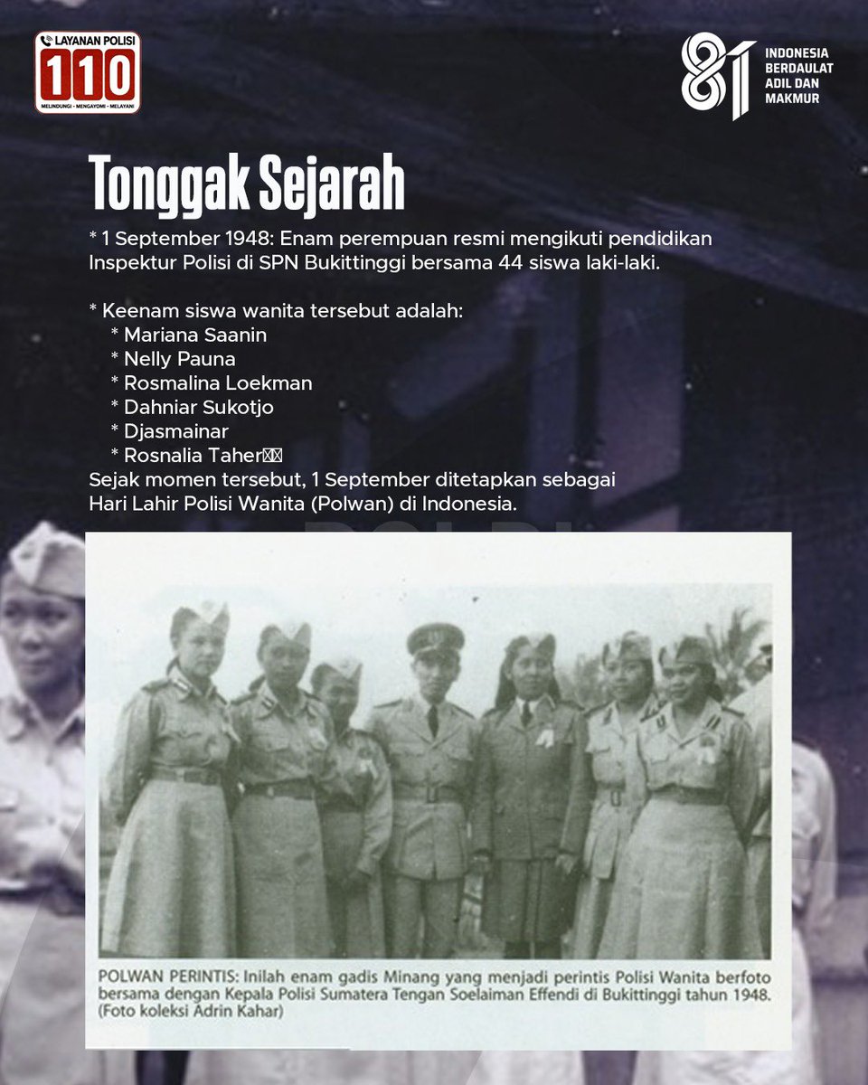 DivHumas_Polri's tweet photo. 1 September 1948 menjadi tonggak bersejarah lahirnya Polisi Wanita (Polwan) di Indonesia. Berawal dari enam perempuan yang mengikuti pendidikan kepolisian di Bukittinggi, semangat pengabdian mereka menjadi awal perjalanan panjang Polwan dalam menjaga keamanan, memberikan pelayanan, serta hadir untuk masyarakat. Dari masa ke masa, semangat tersebut terus dilanjutkan oleh Polwan di seluruh Indonesia.