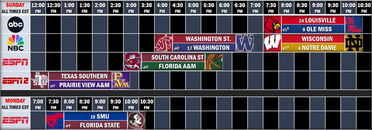 ProjSports's tweet photo. Week 1 viewing grids 

5 days of CFB from Thursday to Labor Day Monday 🏈 https://t.co/bogwJlllGl