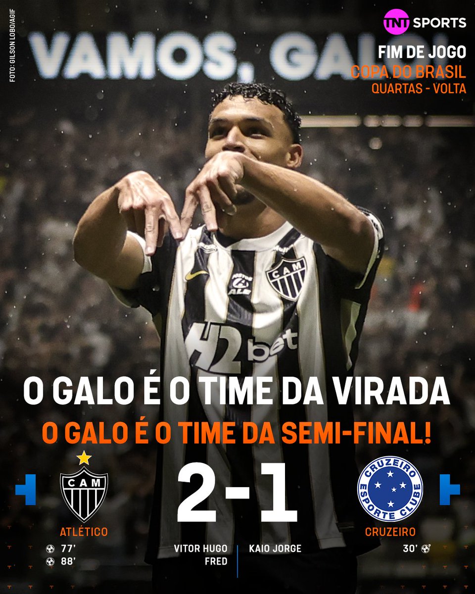 TNTSportsBR's tweet photo. O ATLÉTICO MOSTROU COMO SE FAZ E ESTÁ NA SEMI-FINAL DA COPA DO BRASIL! 🐓⚫⚪ O Galo bateu o rival Cruzeiro DE VIRADA e se classificou na Arena MRV! #FBR #CopaDoBrasil https://t.co/q9tNGQR6vO