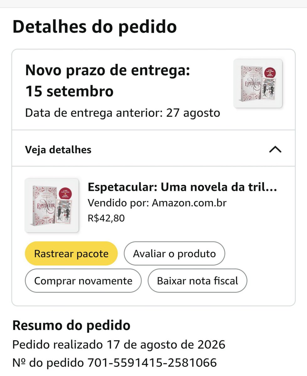 prismjaebeom's tweet photo. poxa amazon toda vez a mesma coisa! colocam uma data de entrega, sequer enviam o pedido até a data estipulada e agora jogam um novo prazo absurdo para entrega
decepcionado demais @amazon @amazonbrasil 
pedido feito em 17/08 com data para 27/08 e agora colocam para 15/09? https://t.co/YGkDOzo7un