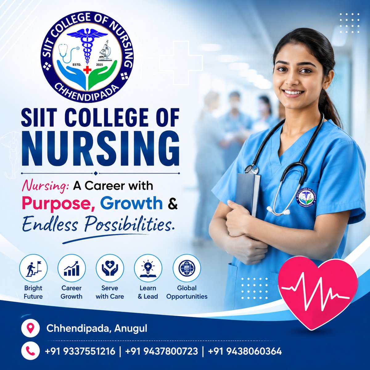 SiitCollege's tweet photo. 💙 Choose Nursing. Shape Lives. Build a Brighter Future! 🩺✨

📍 Chhendipada, Anugul
📞 +91 9337551216 | +91 9437800723 | +91 9438060364

#SIITCollegeOfNursing #NursingCareer #NursingEducation #FutureNurses #NursingCourse #HealthcareCareer #Chhendipada #Anugul #Odisha https://t.co/hw4kJhDj3i