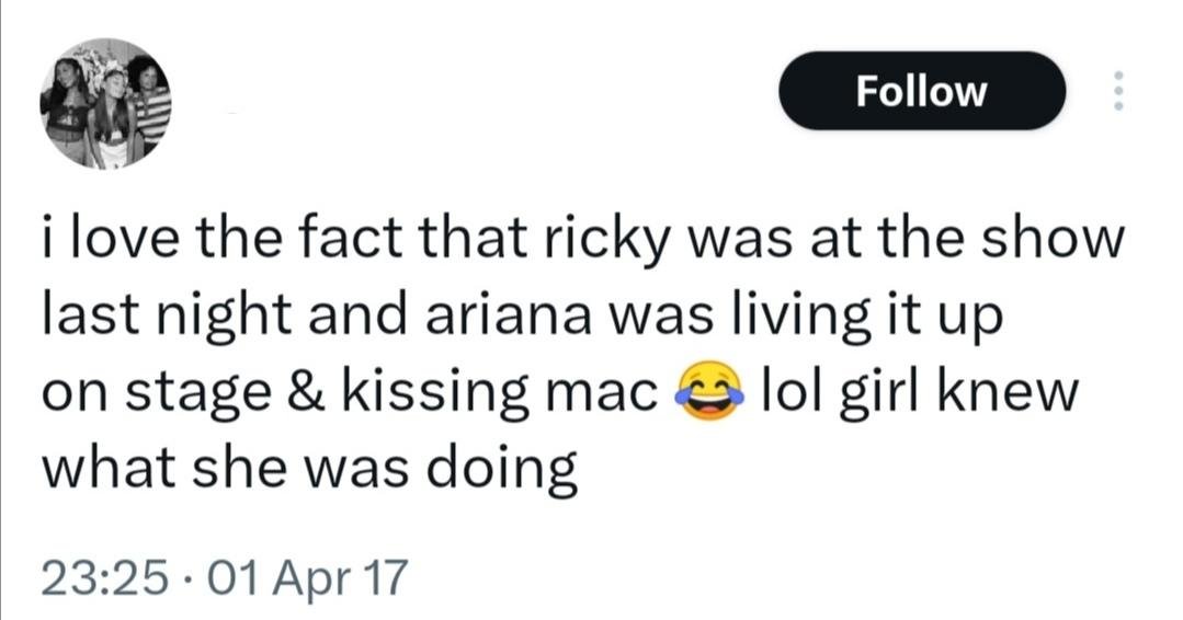 gabidemie's tweet photo. Ariana really thinks we forgot she invited Ricky to the show after they’d already broken up just to kiss Mac onstage and make Ricky look like a fccking CUCK https://t.co/vTtpjsHfyN
