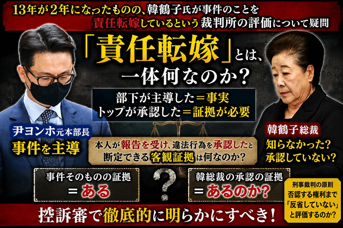 capeacelly's tweet photo. 「責任転嫁」とは、一体何なのか？

韓鶴子総裁は、尹ヨンホ元本部長が事件を主導したことを認めている。
そして裁判所自身も、**事件全般を尹ヨンホが主導した**と認定した。

それなのに、韓総裁が「私は知らなかった、承認していない」と主張すると「責任転嫁」なのか？

1億ウォンや高級品の提供など、**事件そのものを裏付ける客観証拠**と、
**韓総裁がそれを承認した証拠**は、同じではない。

問うべきは「否認したか」ではない。

**韓総裁本人が、実際に報告を受け、違法行為を承認したと断定できる客観証拠は何なのか？**

「部下が主導した」という事実認定と、
「トップが承認した」という認定。

この二つを、どうつないだのか。

控訴審では、そこを徹底的に明らかにしてほしい。

さらにもうひとつ、
刑事裁判の原則「否認する権利まで『反省していない』と評価するのか？」  

＃韓国地裁
＃政治資金法違反と請託禁止法違反
＃尹ヨンホ元世界本部長
＃韓鶴子総裁