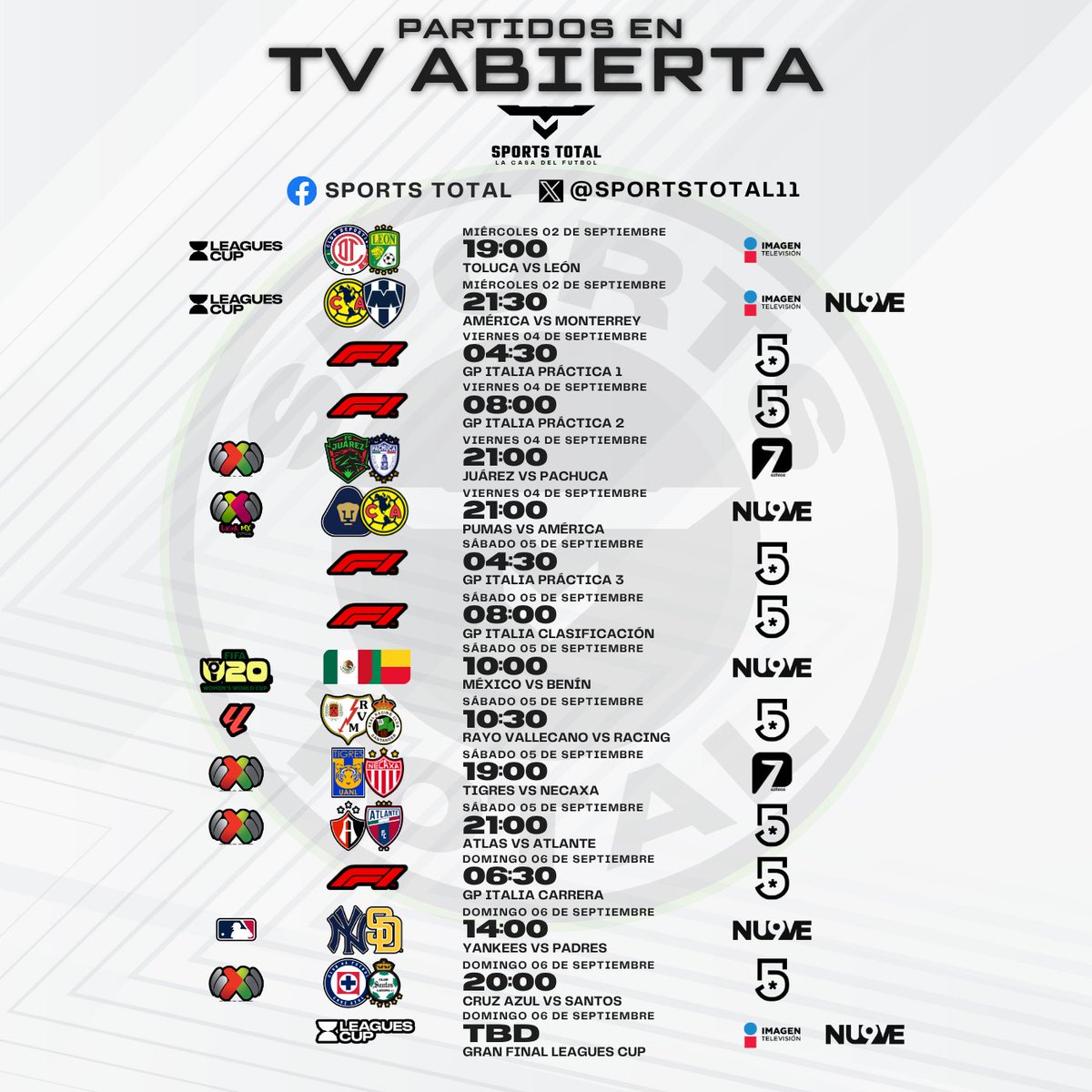 SportsTOTAL11's tweet photo. 🔥📺 Semana Llena De Acción GRATIS
En TV Abierta ⚽🆓 https://t.co/URnZuymu6p