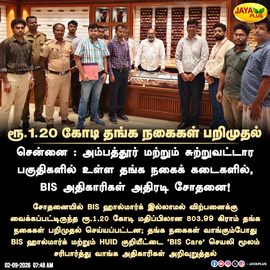 jayapluschannel's tweet photo. அம்பத்தூர் தங்க நகைக் கடைகளில் BIS அதிரடி சோதனை; ஹால்மார்க் இல்லாத ₹1.20 கோடி மதிப்பிலான நகைகள் பறிமுதல்!
#Chennai #Ambattur #BIS #BISHallmark #HUID #GoldJewellery #JayaPlus https://t.co/4tPa5YC6M9