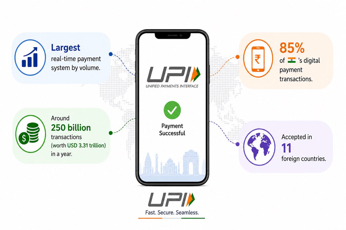 IndiaUNNewYork's tweet photo. #IndiaAtUN

UPI’s growing footprint. 

➡️ World’s largest real-time payment system by volume.

➡️ Close to 250 billion transactions worth USD $3.31 trillion in a year.

➡️ 85% of 🇮🇳’s digital payment transactions by volume.

➡️ Monthly transactions increased from 0.1 million to more than 20 billion in less than a decade.

➡️ Accepted in 11 foreign countries. 

🇮🇳 is contributing to #SDG9 (Industry, Innovation and Infrastructure)
