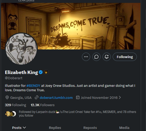 BendyDaily's tweet photo. It seems that the well known artist @Doberart has officially been hired by Joey Drew Studios as an illustrator.

For those who don't know they created the popular henry design used for a long time by fans before BaTDR released.
#Bendy https://t.co/2V2a91UKa3