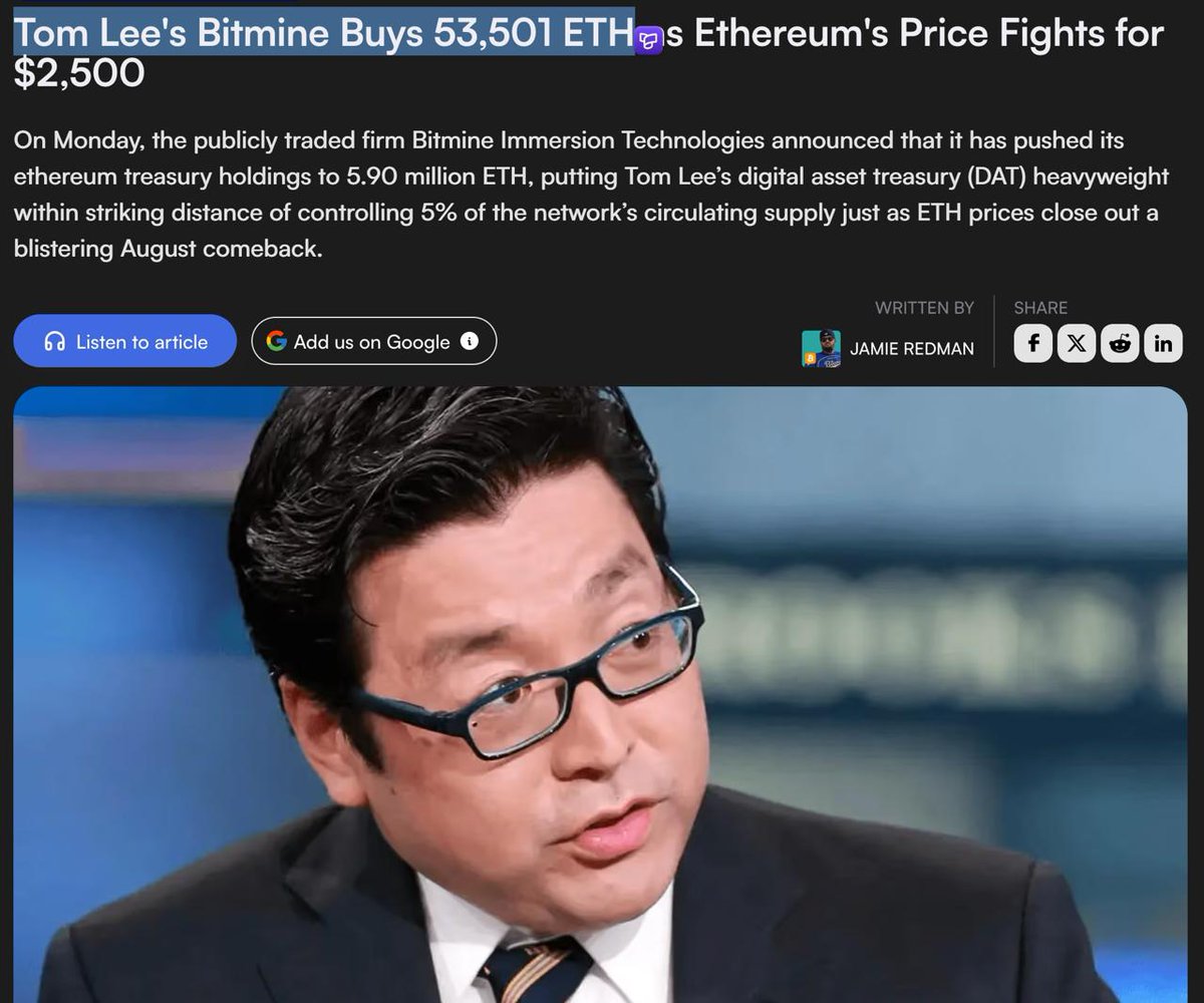 MS_Capitall's tweet photo. Tom Lee’s BitMine Adds Another 53,501 ETH

BitMine purchased an additional 53,501 ETH last week, increasing its total holdings to 5.90 million ETH approximately 4.9% of Ethereum’s total supply.

The company has bought ETH every week since launching its Ethereum treasury strategy on June 30, 2025.

Beyond Ethereum, BitMine’s portfolio also includes:
👉 A $180 million stake in Beast Industries
👉 211 BTC, worth approximately $16.4 million
👉 $541 million in cash and marketable securities
👉 An $81 million investment in Eightco, a digital-asset treasury company with exposure to Worldcoin

BitMine’s combined crypto, cash, securities and strategic investments are now valued at approximately $15.6 billion.

Disclaimer: This content is for market updates only and does not constitute investment advice.