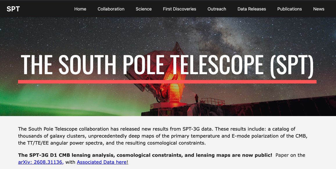 SPTelescope's tweet photo. New SPT-3G D1 CMB lensing maps, likelihoods, and cosmological chains, all are publicly available linked through the SPT website and @NASA_LAMBDA.  Go to this data products page for more details: https://t.co/KDRMIWXgde @NSF @doescience #Antarctica https://t.co/7hUTYYQjLE