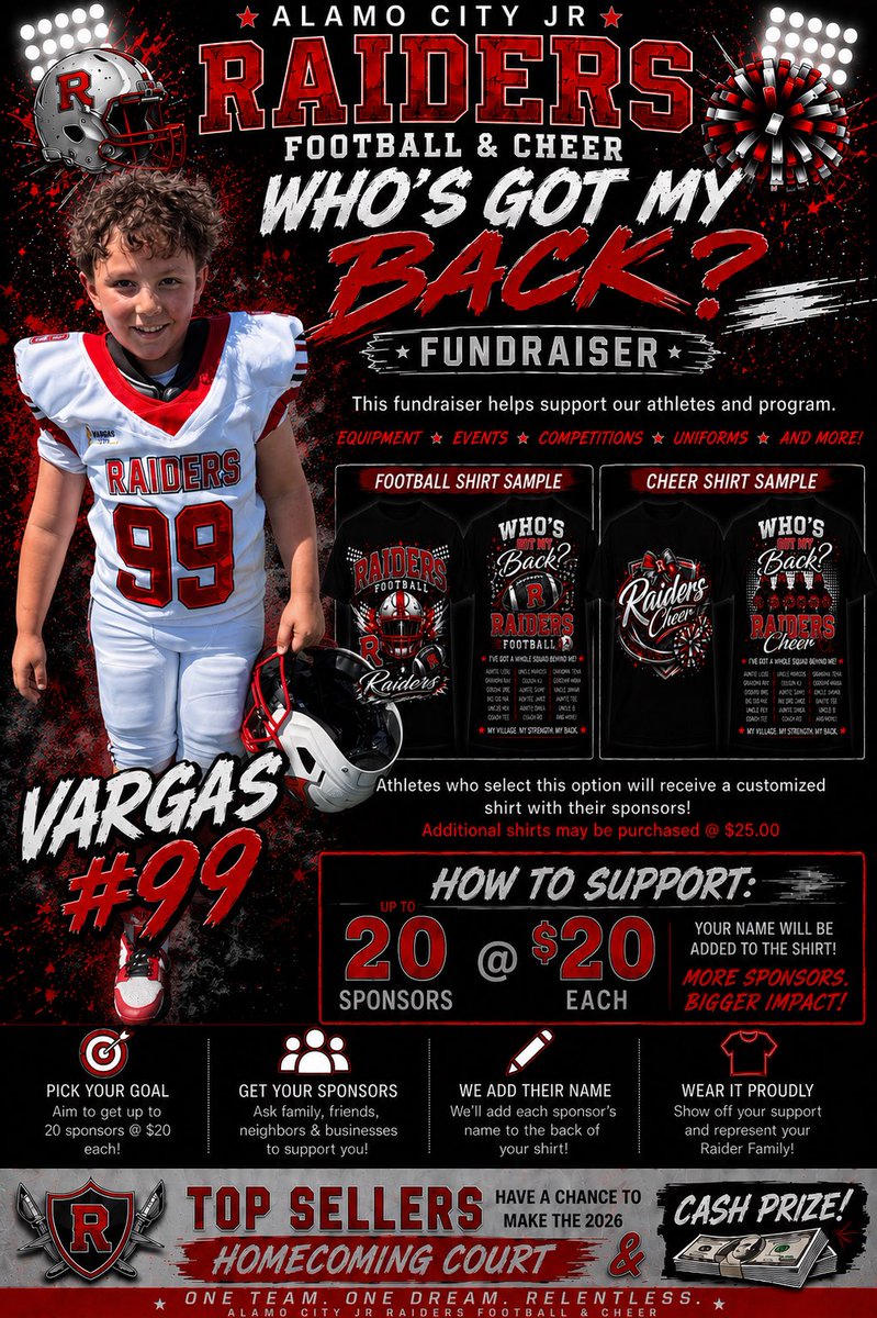 Mvargas46's tweet photo. 🏈❤️ IT’S JR. RAIDER FUNDRAISER TIME! ❤️🏈

This year we need 20 sponsors for Andrew &amp; 20 for Tony! 

For just $20, you can sponsor one of the boys and let them know “You’ve Got Their Back!” 

Your name will be added to the back of their fundraiser shirt!

Reach out to sponsor! https://t.co/EOPKJprn08