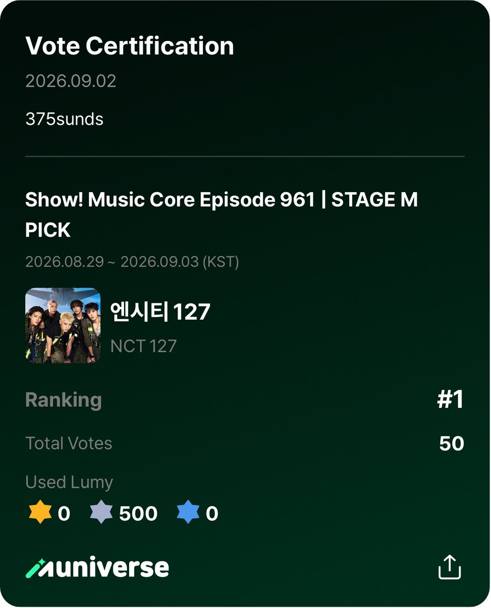 375sund's tweet photo. ‼️ MUSIC CORE #NCT127_BLINGY ‼️

• pre-vote (🔚 09/03 11:00 kst)
     - mubeat
🔗 https://t.co/6X4LOiUsgC
     - muniverse 
🔗 https://t.co/QzWFs3JDmm

• stage m pick (🔚 09/03 12:00 kst)
🔗 https://t.co/xiYGq4vULk https://t.co/4C2OiSC8R5