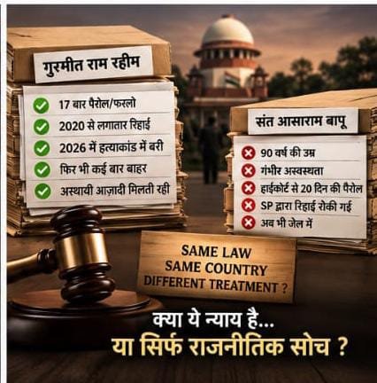 YssSpeaks's tweet photo. The case of Sant Shri Asharamji Bapu has become a glaring example of how justice can be applied unevenly. Despite High Court orders granting parole, release was obstructed. Even contempt notices against jail authorities failed to secure relief. Meanwhile, political figures and other convicts have received medical bail and midnight hearings in the name of human rights.

This disparity raises a fundamental question: why does the same judiciary bend swiftly for some, yet stall endlessly for others? When Lady Justice is meant to be blind, selective enforcement reveals not impartiality but bias. The symbolism of “dates upon dates” instead of execution of orders reflects a deeper malaise. 

If one citizen’s rights can be ignored while another’s are expedited, the credibility of the system itself collapses. #DoubleStandardJustice
