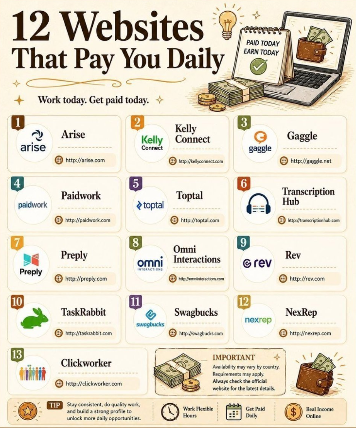 david_marco45's tweet photo. 12 Websites that pay you daily💸

1. arise. com  

2. Kellyconnect. com 

3. gaggle. net

4. Paidwork. com

5. toptal. com

6. transcriptionhub. com

7. preply. com

8. omniinteractions. com

9. rev. com

10. taskrabbit. com

Follow me 👇
@david_marco45 
For more AI Update.✅ https://t.co/rhkbMVPEED