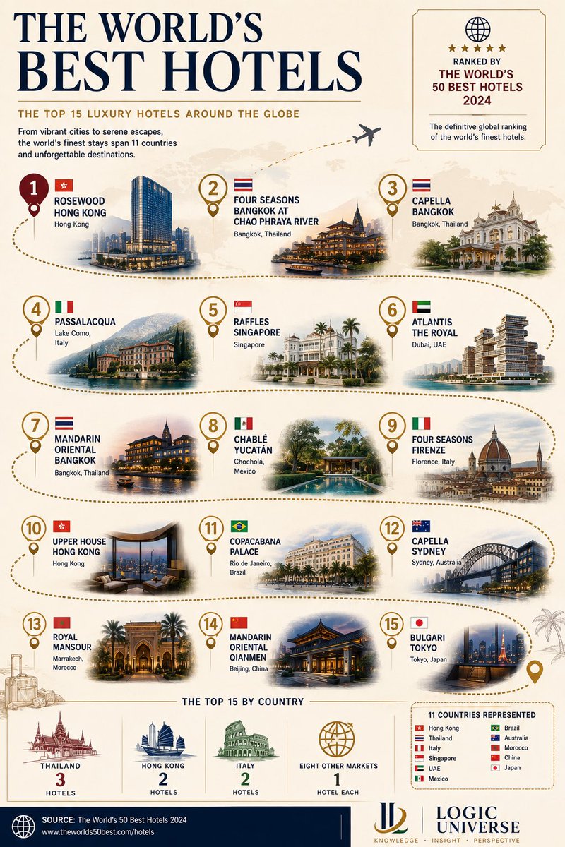LogicUniv's tweet photo. 🏨 The World’s Best Hotels — Top 10

🇭🇰 Rosewood Hong Kong
🇹🇭 Four Seasons Bangkok at Chao Phraya River
🇹🇭 Capella Bangkok
🇮🇹 Passalacqua
🇸🇬 Raffles Singapore
🇦🇪 Atlantis The Royal
🇹🇭 Mandarin Oriental Bangkok
🇲🇽 Chablé Yucatán
🇮🇹 Four Seasons Firenze
🇭🇰 Upper House Hong Kong

🇹🇭 Thailand leads with 3 hotels in the Top 10 — all in Bangkok.