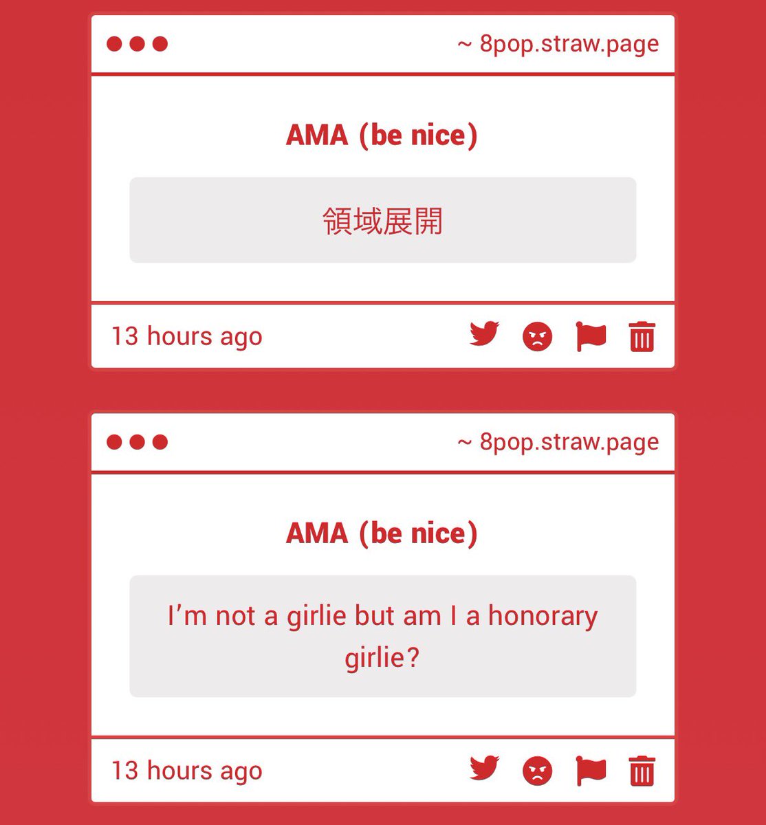 _8pop_'s tweet photo. 1. Eh, I prefer wings
2. YESSSSS
3. Ok Yi Xi
4. All my followers are honorary girlies
5. If you see this DM me,,
(Anyone can DM me questions like this btw)
6. Yeah 😭😭 
7. LETS GOOO
8. Petpetpet https://t.co/c9ZpB557hi