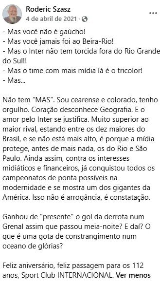 terciobrilhante's tweet photo. Ontem recebi a triste notícia da partida de uma das pessoas mais legais que tive na minha formação:

O professor Roderic Szasz, vítima de infarto, aos 56 anos.

Além de exímio educador (ao longo de quatro décadas dedicadas ao ensino, deu aula de literatura e inglês), ótimo escritor e grande ent usiasta de histórias em quadrinhos e rock (o maior fã de Biquíni Cavadão em todo o mundo), mestre Roderic era um apaixonado por futebol.

Torcedor fanático do Internacional, incluía referências ao clube nas suas provas, possuía uma vasta coleção de camisas e adereços do Inter.

Essa empolgação fazia com que seus alunos acabassem simpatizando com o colorado por tabela. Eu mesmo já torci pro Inter vencer jogos específicos pra ver o Roderic felizão na aula do dia seguinte.

Era presença garantida no setor visitante do Castelão e do PV em todos os jogos do Inter na terrinha.

Quando realizamos uma vaquinha para ajudar no tratamento do câncer de sua filha (saudosa Iasmyne), a ajuda de ex-jogadores do colorado, como o zagueiro Índio, foram as que mais o emocionaram.

Gostaria de pedir a ajuda dos amigos desta rede para conseguir contatar o pessoal da comunicação do Internacional, a fim de que incluam o nome do Roderic entre os homenageados no minuto de silêncio do GreNal e/ou da próxima rodada do Brasileirão.