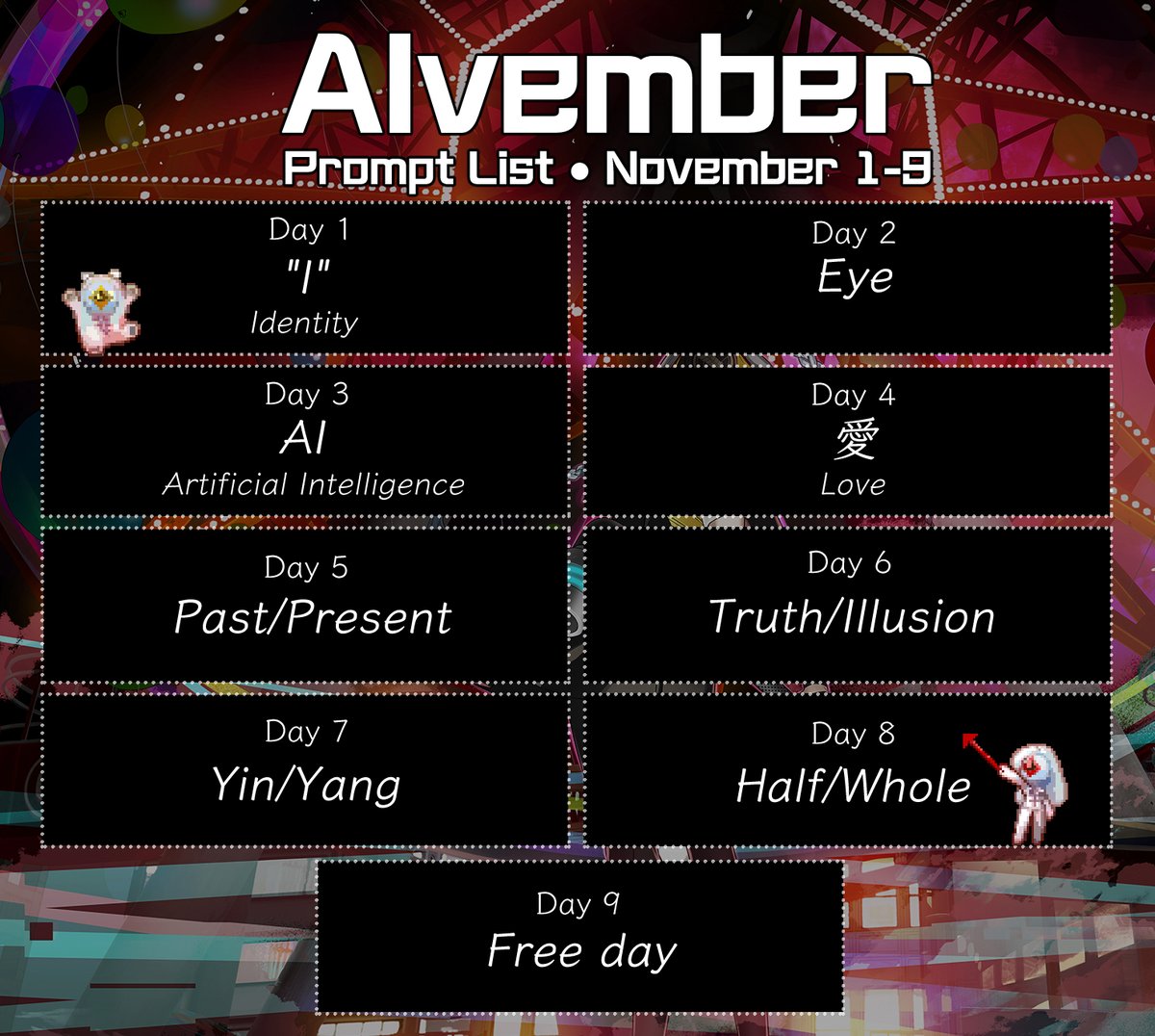 AIvember's tweet photo. AIvember is two months away! Here's the prompt list as always! https://t.co/kA9N141N8X