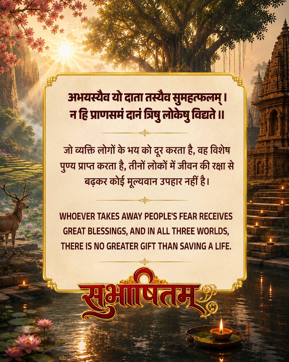MyGovSanskrit's tweet photo. अभयस्यैव यो दाता तस्यैव सुमहत्फलम् ।
न हि प्राणसमं दानं त्रिषु लोकेषु विद्यते ॥
#MorningMotivation
#MorningMusings
#Subhashitani https://t.co/DTy67T9TUd