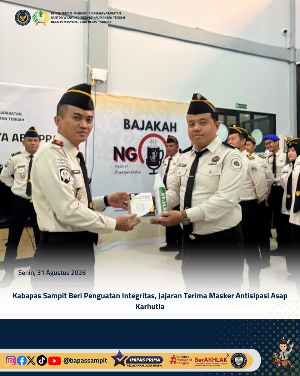 bapas_sampit's tweet photo. Kabapas Sampit Beri Penguatan Integritas, Jajaran Terima Masker Antisipasi Asap Karhutla

Selengkapnya pada:
https://t.co/sq1snaqbPi

Humas Bapas Sampit

#kemenimipas
#Ditjenpas
#pemasyarakatan
#penjagadanpanduan
#DitjenpasKalteng
#Hensah
#infomipas https://t.co/pPoXF2d6wD