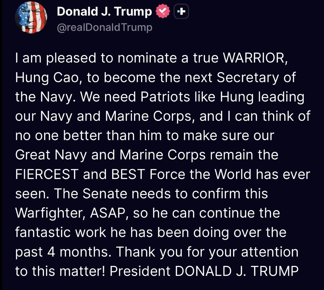 MJTruthUltra's tweet photo. Trump named Hung Cao the next Secretary of NAVY

FUN fact: Hung Cao was the Navy Diver who recovered JFK JR in his Plane’

Small world… BIG coincidence.

https://t.co/5g64vL7x74 https://t.co/dxk99CN3Om