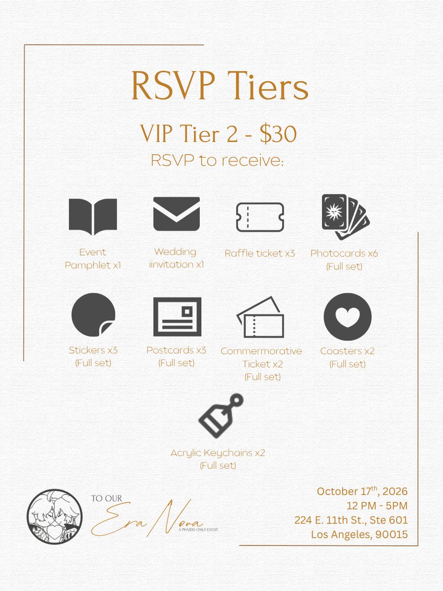 Phaideisocal's tweet photo. With RSVPs opening tomorrow, we wanted to share with you each tier we will have available! RSVP is first come, first serve, with our form going live at 12PM PST tomorrow, September 2nd! Don't miss out on your chance to join us! #phaidei #phainon #ファイモス #mydei #厄敌 https://t.co/qJBqMvevUz